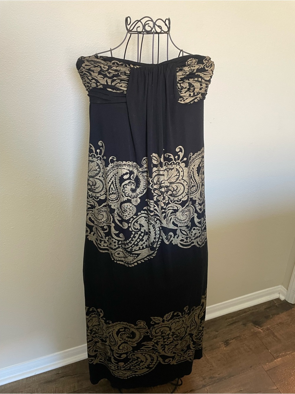Strapless Black and Gold Metallic Paisley Maxi Dress